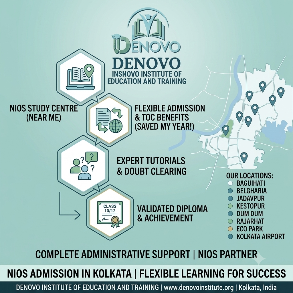 NIOS Admission in Kolkata: Comprehensive support for Class 10 & 12 at our study centre near you, providing flexible learning options including TOC benefits, expert tutorials, and valid diplomas. Visit DENOVO Institute of Education and Training in areas like Kestopur, Rajarhat, and Dum Dum.